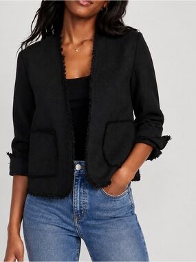 Old Navy Black Frayed Edge Open Front Jacket Cropped Textured Blazer